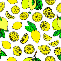 Seamless bright pattern with fresh lemons and slices of lemons made in doodle drawing style.
