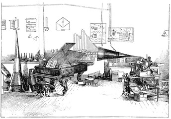 Interior of Thomas Edison's laboratory. Illustration of the 19th century. Germany. White background.