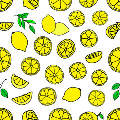 Bright seamless pattern with lemons and lemon slices on a white background.