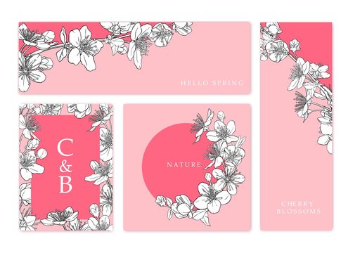 Hand drawn card with cherry blossoms. Sakura flowers, leaves, branches. Spring design elements. Wedding, invitation, birthday, Mother's day card concept.