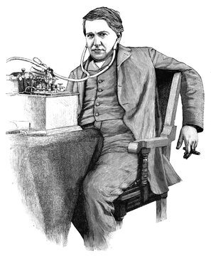 Portrait of Thomas Alva Edison - an American inventor and businessman who has been described as America's greatest inventor. Illustration of the 19th century. Germany. White background.