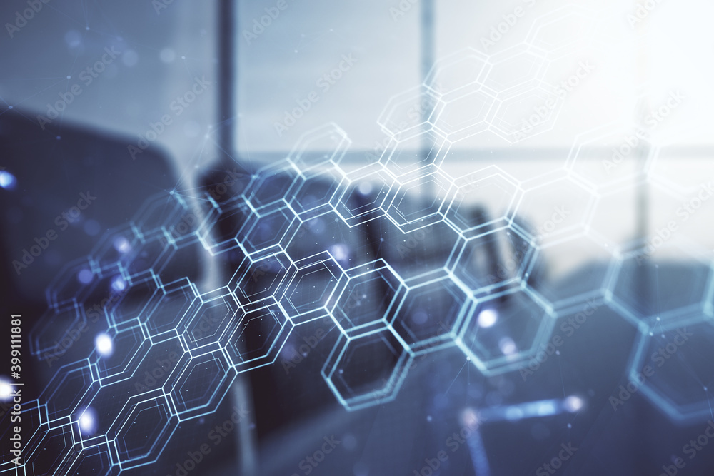 Poster abstract virtual wireless technology hologram with hexagon on a modern coworking room background, ar