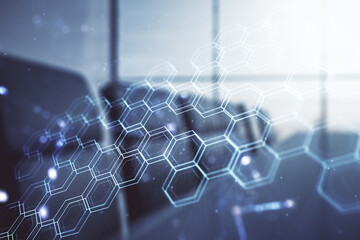 Abstract virtual wireless technology hologram with hexagon on a modern coworking room background,...
