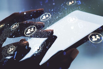 Double exposure of social network icons concept with world map and finger clicks on a digital tablet on background. Marketing and promotion concept