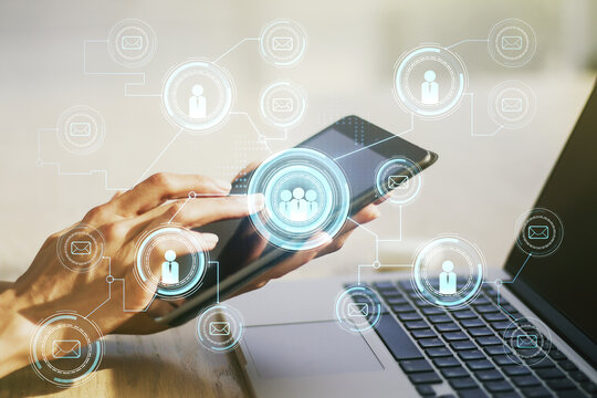 Double exposure of social network icons concept with finger clicks on a digital tablet on background. Marketing and promotion concept