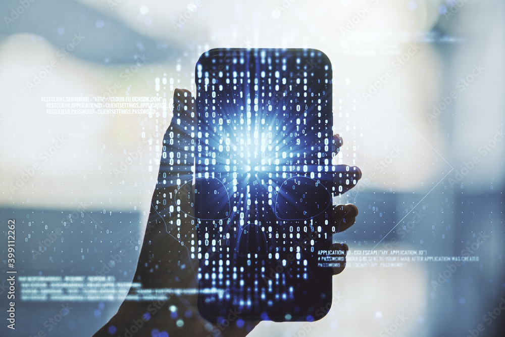 Poster creative concept of code skull illustration and hand with phone on background. hacking and phishing 