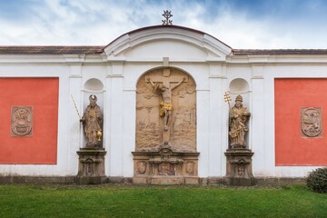 BROUMOV, CZECH REPUBLIC - OCTOBER 10, 2020: View on famous benedictine monastery of Broumov and the...