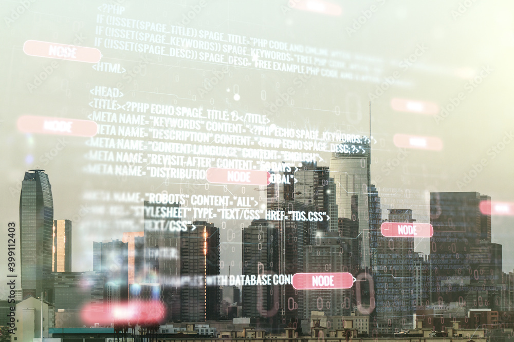 Poster double exposure of abstract programming language interface on los angeles city skyscrapers backgroun