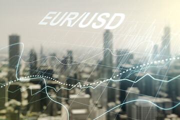 Double exposure of abstract virtual EURO USD forex chart hologram on blurry cityscape background. Banking and investing concept