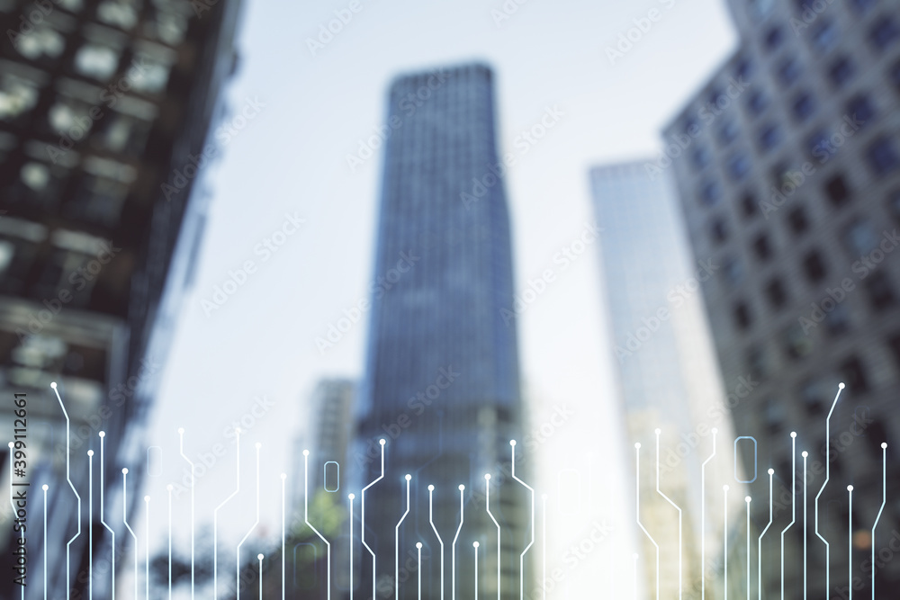 Poster abstract virtual micro circuit sketch on blurry cityscape background, future technology and ai conce