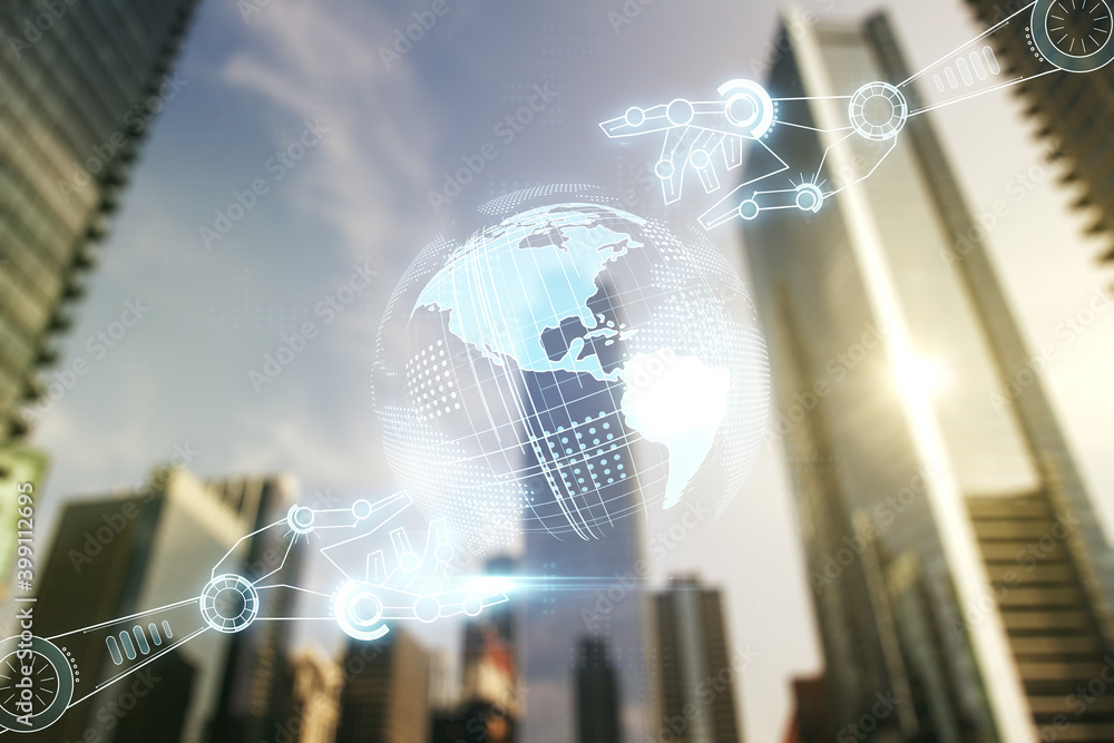 Poster double exposure of abstract virtual robotics technology with world map hologram on modern skyscraper