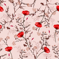Beautiful vintage Seamless Pattern hand drawn red blooming poppy flowers and Botanical with Floral Decoration Texture. Vintage Style.Design for fashion , fabric, textile, wallpaper, cover, web