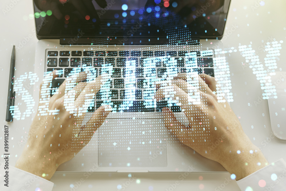 Leinwandbilder cyber security creative concept with hands typing on computer keyboard on background. double exposur
