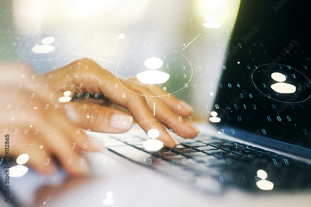 Aufkleber social network media concept with hands typing on computer keyboard on background. double exposure