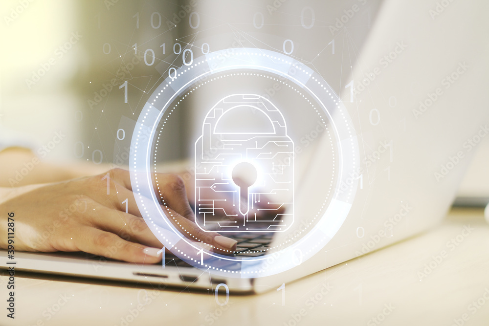 Poster creative lock illustration with microcircuit and hands typing on computer keyboard on background, cy