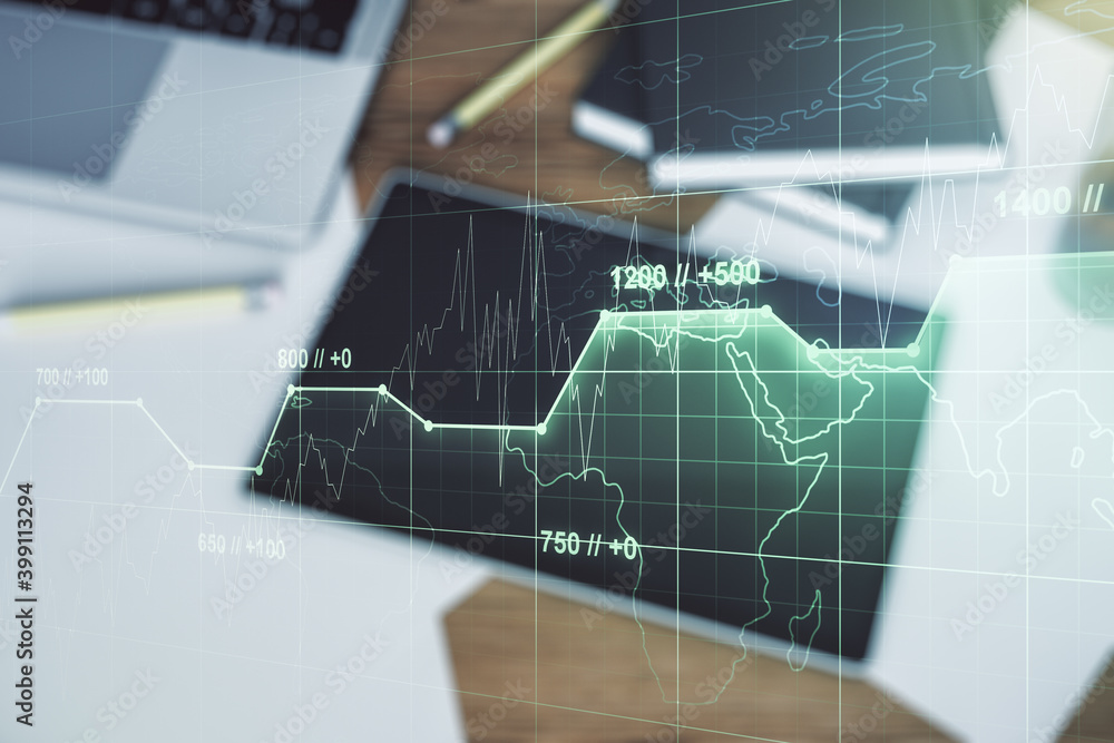 Poster double exposure of abstract creative statistics data hologram and digital tablet on background, top 
