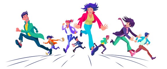 People running in panic with an expression of fear on their faces. Vector illustration.