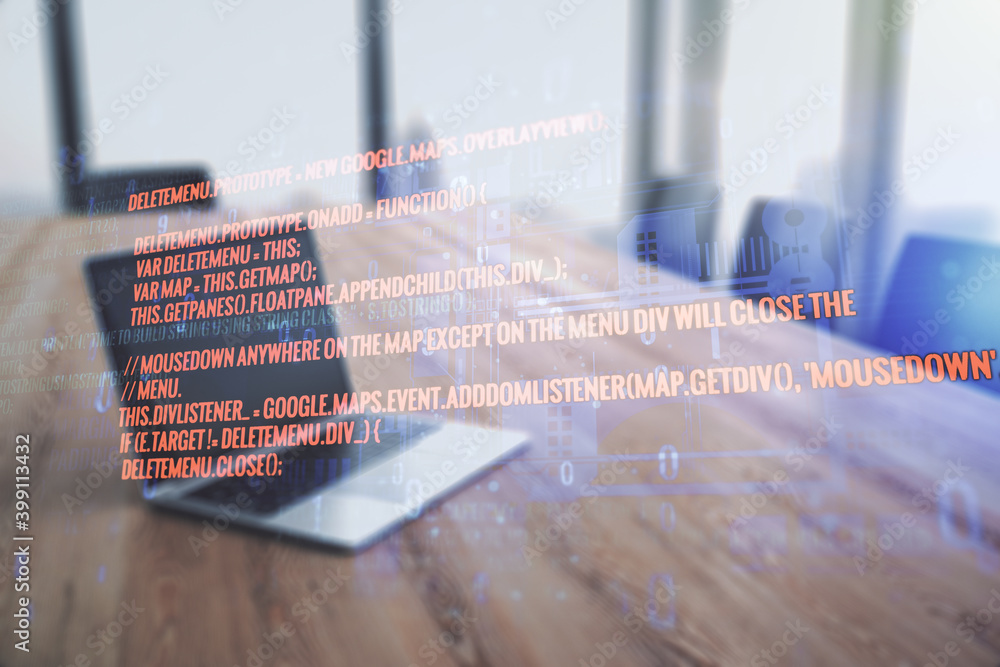 Poster double exposure of abstract programming language on laptop background, research and development conc