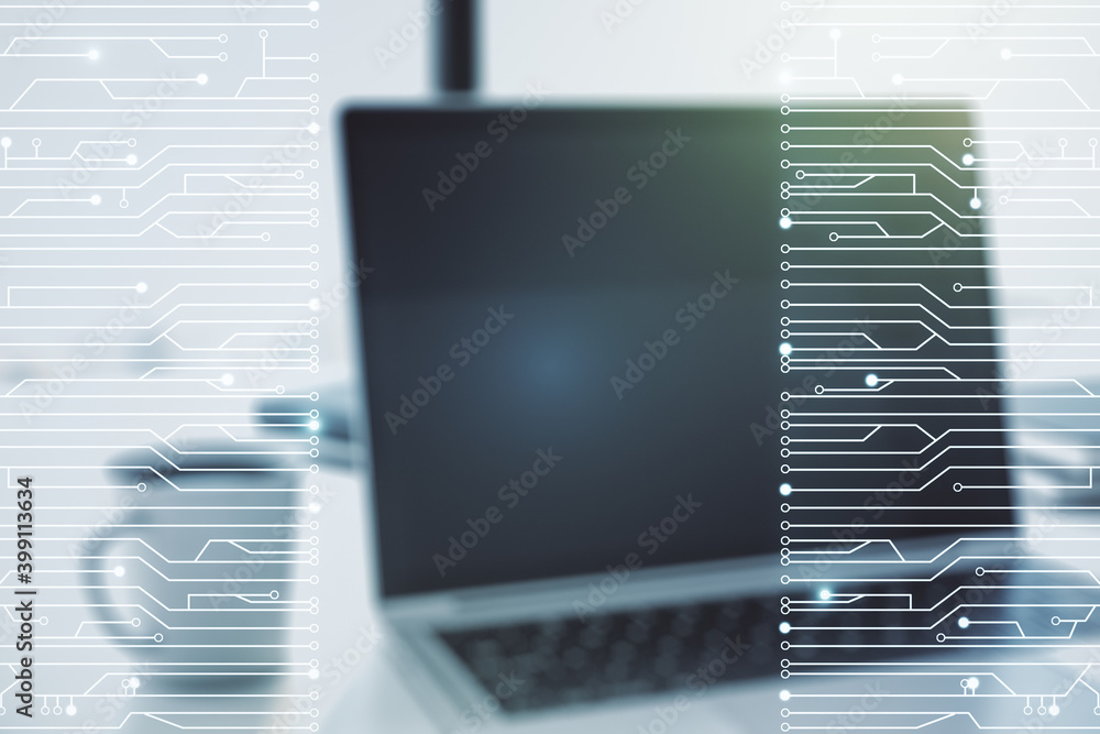 Aufkleber creative abstract micro chip hologram on modern computer background, artificial intelligence and mac