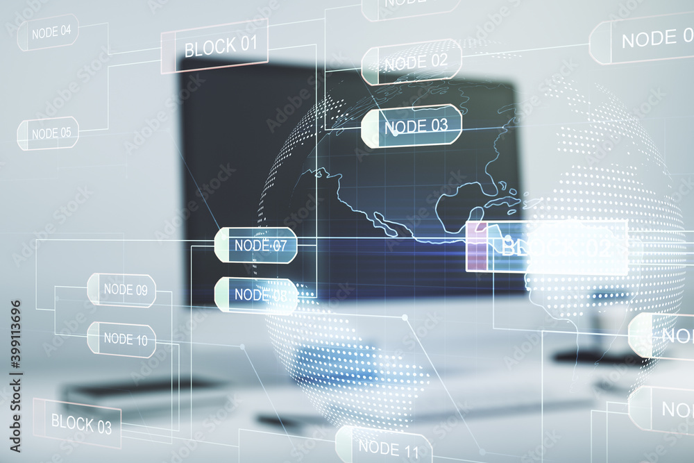 Poster double exposure of abstract creative programming illustration with world map on computer background,