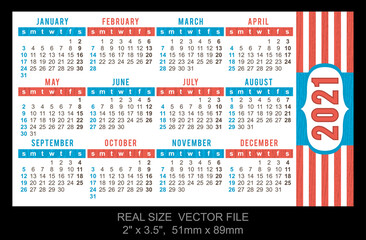 Pocket Calendar 2021, vector, start on Sunday