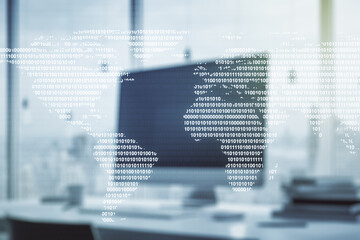 Multi exposure of abstract graphic world map on modern computer background, big data and networking concept concept