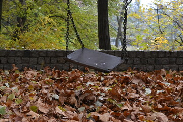 Abandoned swing in a park a cold autumn morning