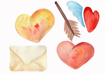Obraz na płótnie Canvas watercolor set of decorative elements. Valentine's Day symbols: hearts, valentines, letter, cupid's arrows, wings. Hand drawn watercolor painting illustration on white background
