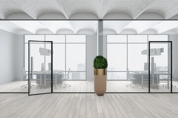 Office interior with furniture and plant in po
