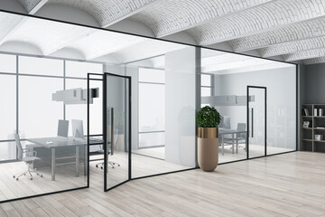 Bright office interior with city view