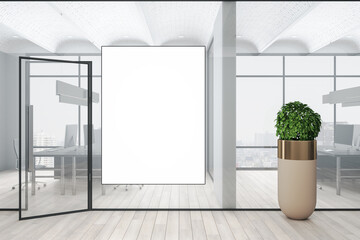 Luxury office room with blank poster on glass wall