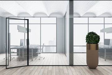 Modern office interior with furniture, plant in pot and city view.