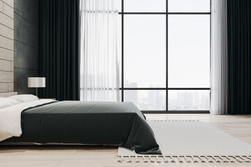 Contemporary bedroom with bed and city view.