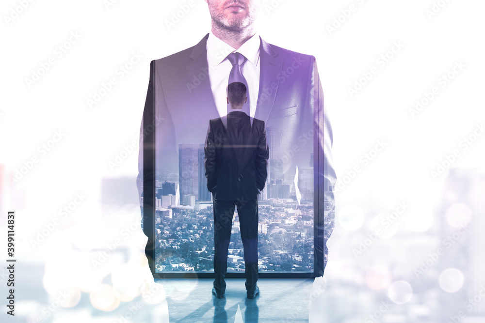 Sticker double exposure of two businessman standing in office.