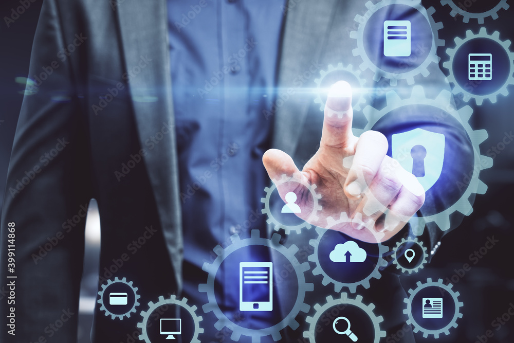 Poster businessman hand using digital cogs interface