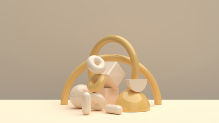 Scene with glossy geometric shapes in champagne tones for product display