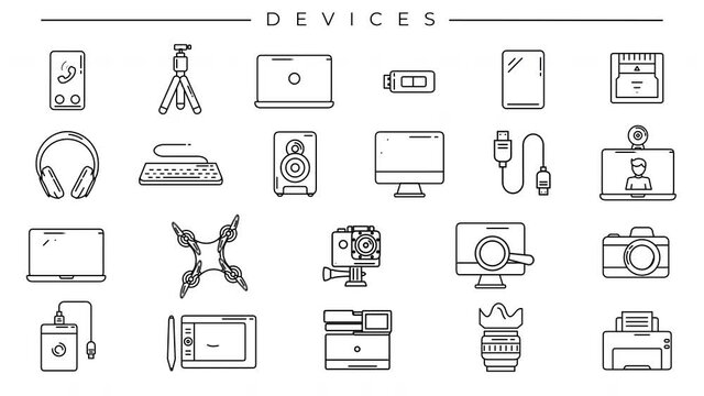 Collection of Devices line icons on the alpha channel.