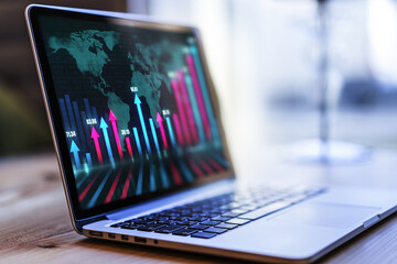Laptop on desktop with glowing business chart and arrows hologram