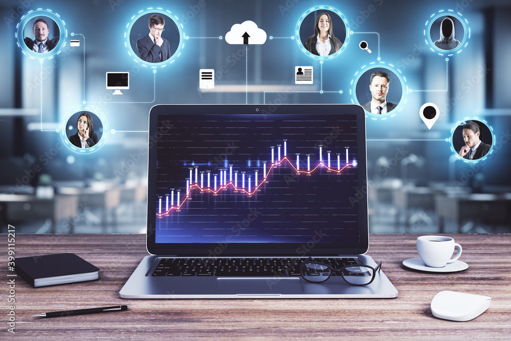 Poster laptop with chart and glowing distant coworking remote work interface.