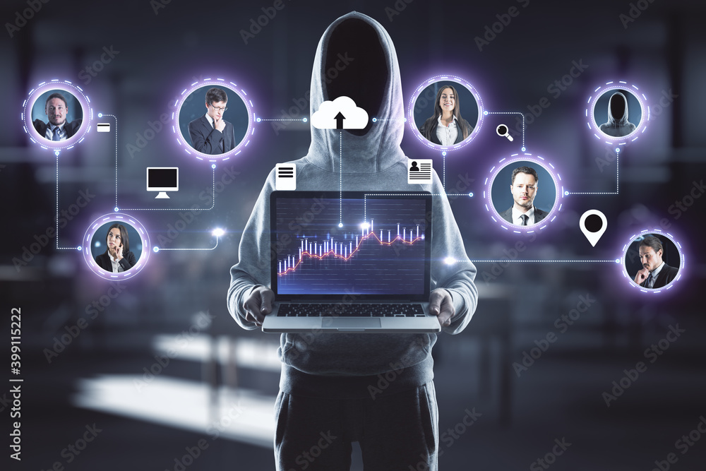 Aufkleber hacker holding laptop with abstract remote work hologram.