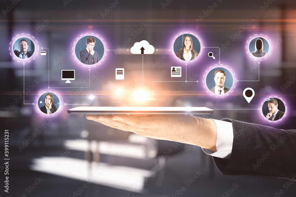 Poster hand holding digital tablet with glowing remote work interface. r