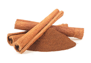 Cinnamon sticks and powder isolated on a white background. Cinnamon powder. Cinnamon sticks.