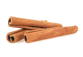 Aromatic cinnamon sticks isolated on a white background. Three cinnamon sticks.