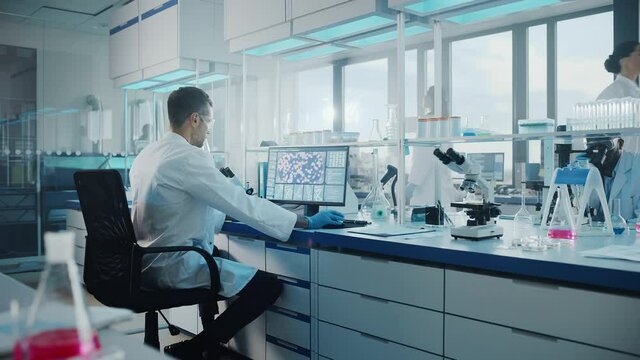 Medical Science Laboratory with Diverse Multi-Ethnic Team of Biotechnology Scientists Developing Drugs, Microbiologist Working on Computer with Display Showing Gene Editing Interface. Zoom in Shot