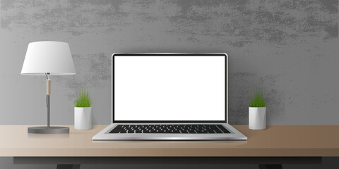 Realistic vector design laptop with white screen on the table. Wooden table, lamp, gray concrete wall.