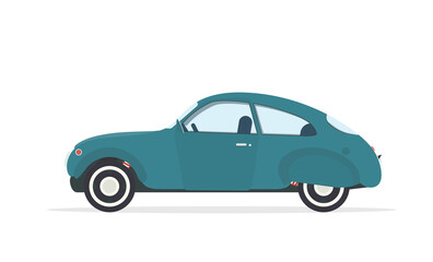 Car Icon. Blue Retro Vector Flat Design Automobile Symbol Isolated on White Background.