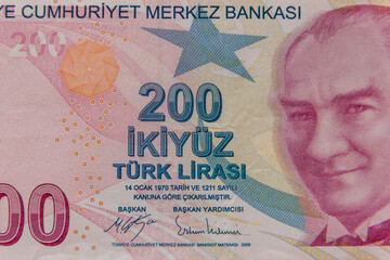 Macro shot of the two hundred turkish lira banknote