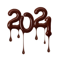 Date of the New Year 2021 made of melted chocolate, isolated on white background