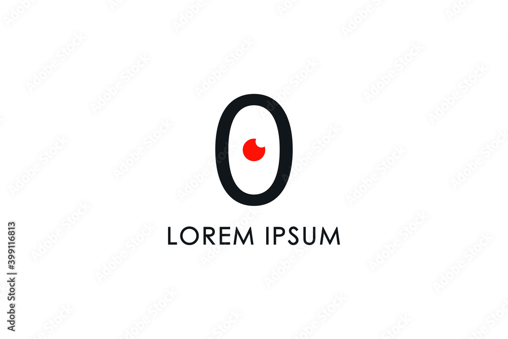 Poster abstract eye logo letter o. black circle shape o initial letter with red eyeball inside isolated on 