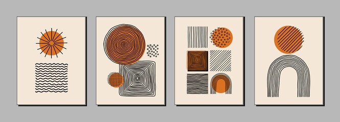 Modern art posters, covers with various hand drawn textures, abstarct shapes, dots, lines, rainbows, design elements, objects. Contemporary minimalist print.